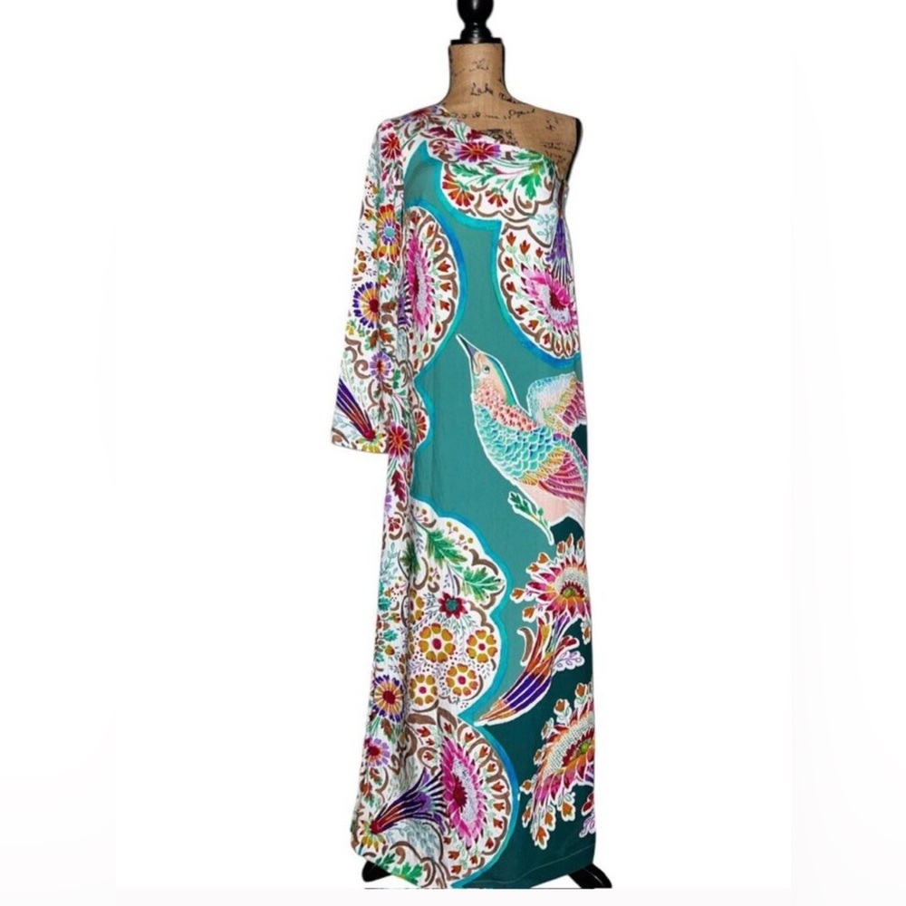 ANTHROPOLOGIE GREEN PINK BIRD FLORAL CRINKLE ONE SHOULDER MAXI DRESS SIZE 2 NWT